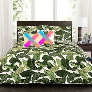 Reversible King Quilt & Shams Green Tropical Leaf